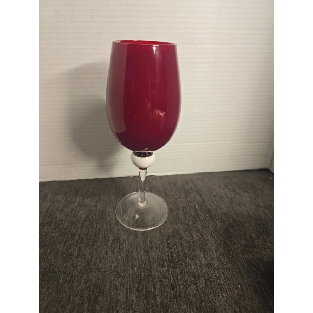 Holiday Hand Painted Cranberry Red Wine Glass Christmas Holly Stem 9 Inch